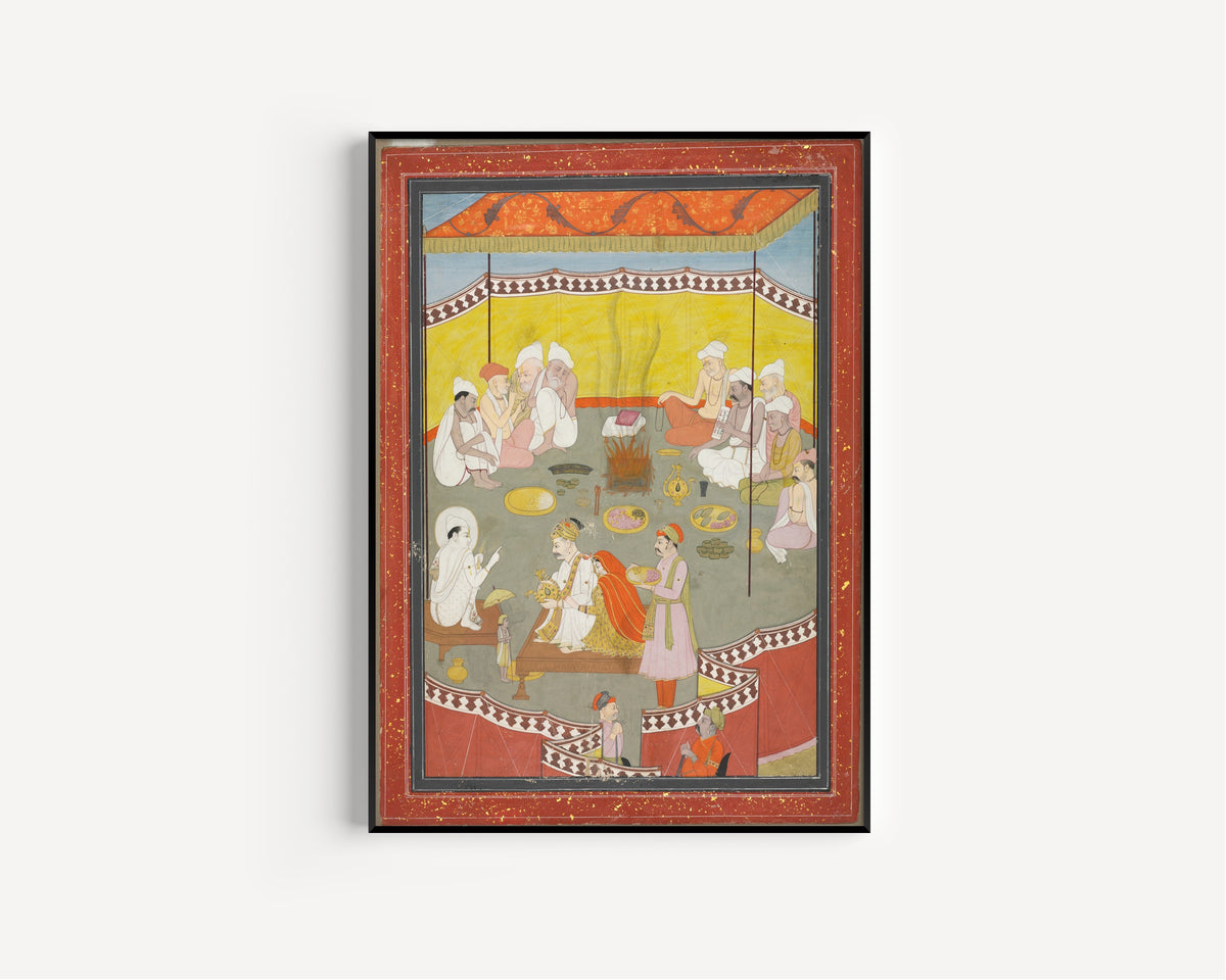 Framed art print of King Bali Gives a Gift of Land to Vamana by Pahari school, in a slim black frame on a plain white wall