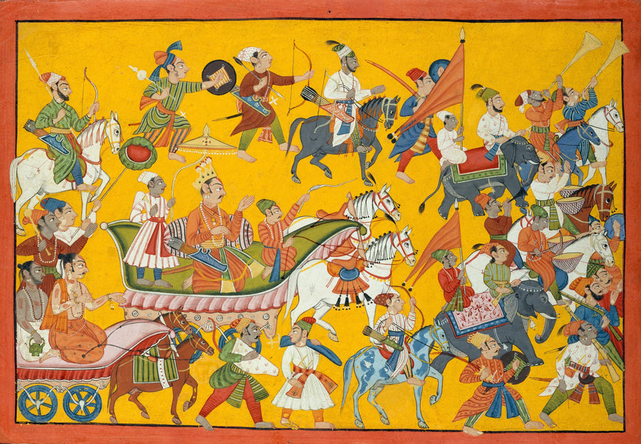 Mankot school — King Dasaratha and His Retinue Proceed to Rama's Wedding: Folio from the Shangri Ramayana Series (Style II) | Indian Miniature Painting Print shown to scale on a wall above a sofa