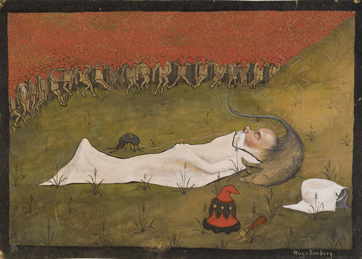 King Hobgoblin Sleeping by Hugo Simberg — A tiny bearded king sleeps on a rat while red-capped goblins dance