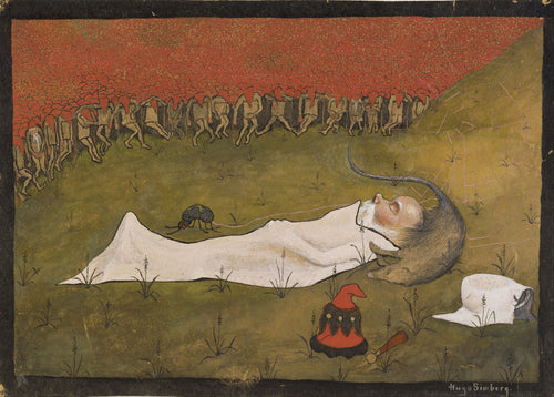 King Hobgoblin Sleeping by Hugo Simberg — A tiny bearded king sleeps on a rat while red-capped goblins dance