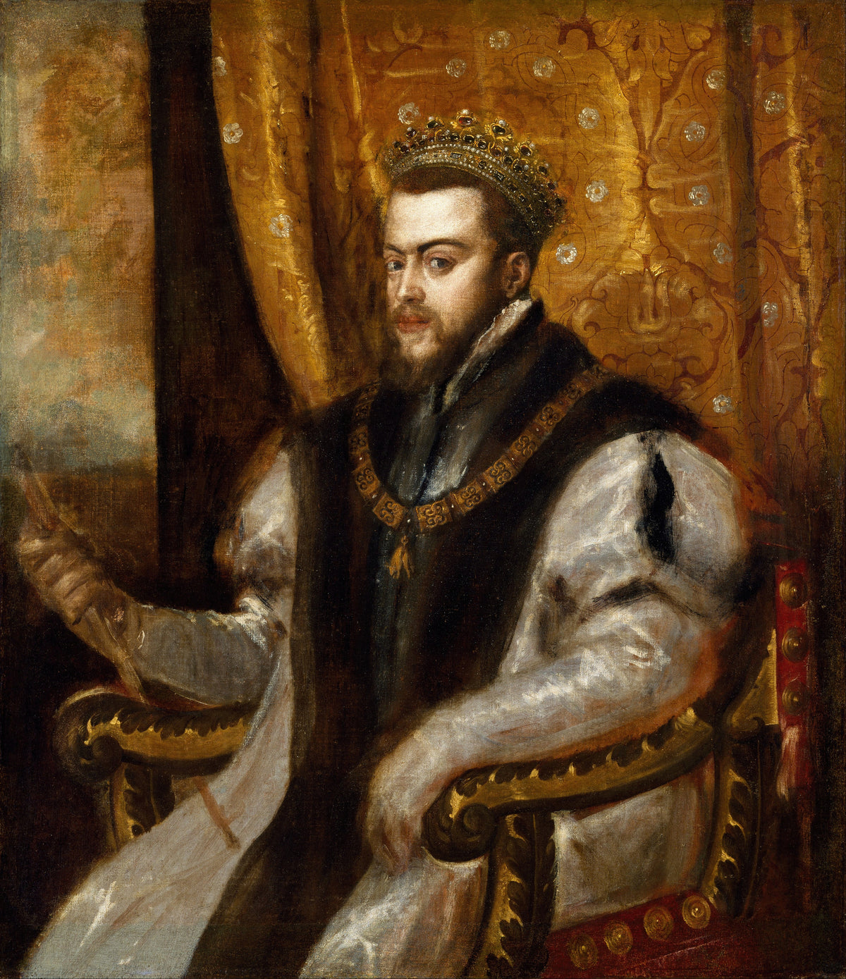 King Philip II of Spain by Titian — A crowned king in white satin sits before a gold curtain