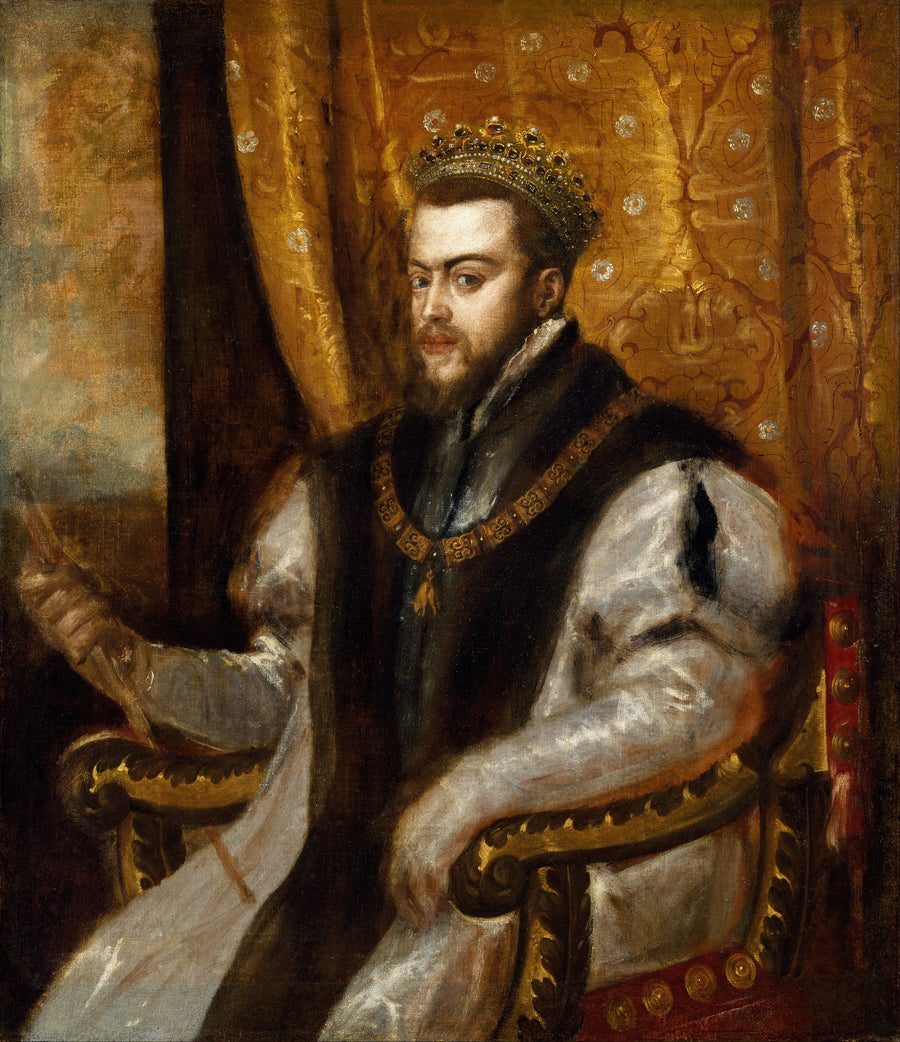 Titian — King Philip II of Spain | Fine Art Print shown to scale on a wall above a sofa