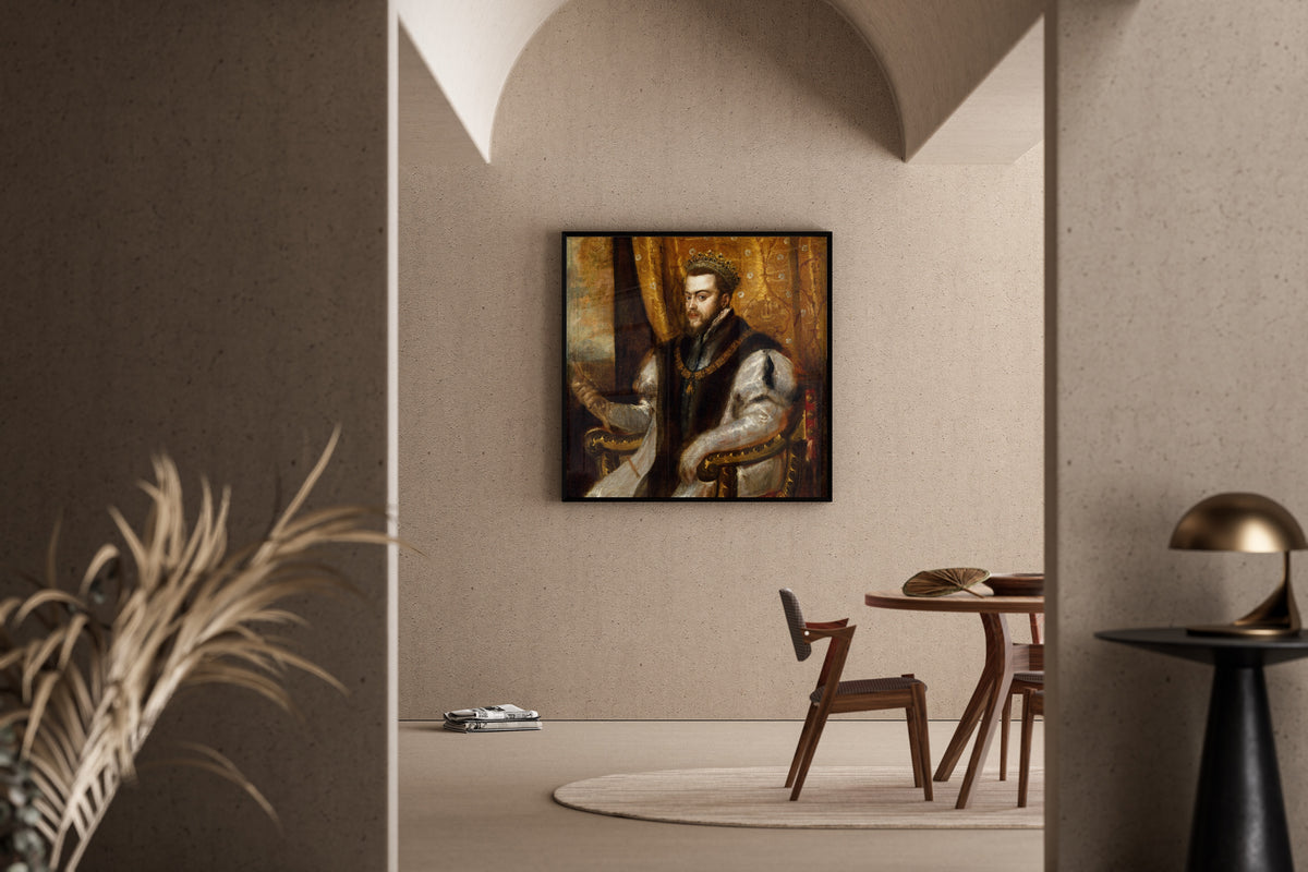 Framed art print of King Philip II of Spain by Titian, in a sunlit dining corner