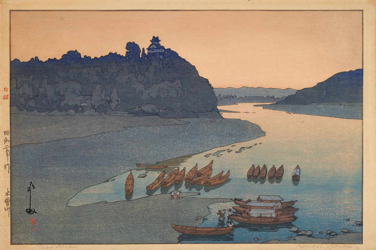 Kiso River by Hiroshi Yoshida — Boats rest on the bars of a wide river below a hilltop castle