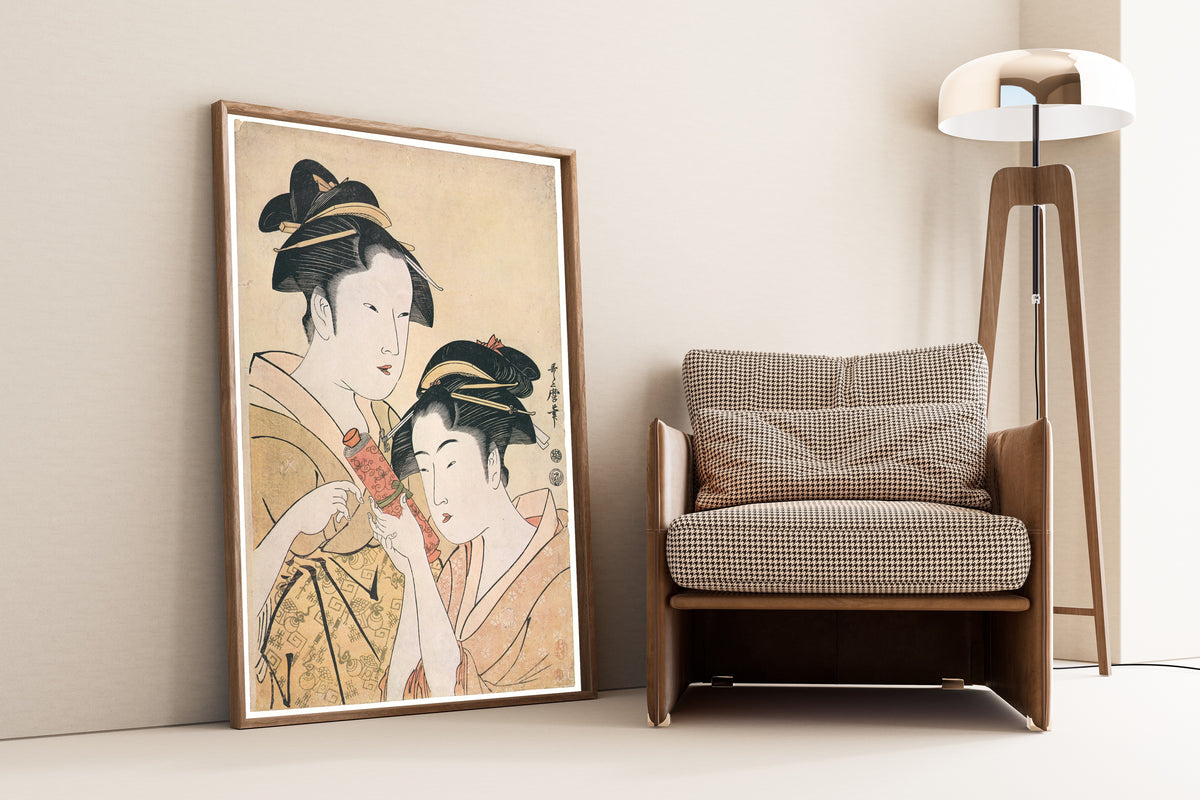 Kitagawa Utamaro — Osen of the Kagiya Giving a Scroll to Takashima Ohisa | Japanese Woodblock Print (Ukiyo-e)