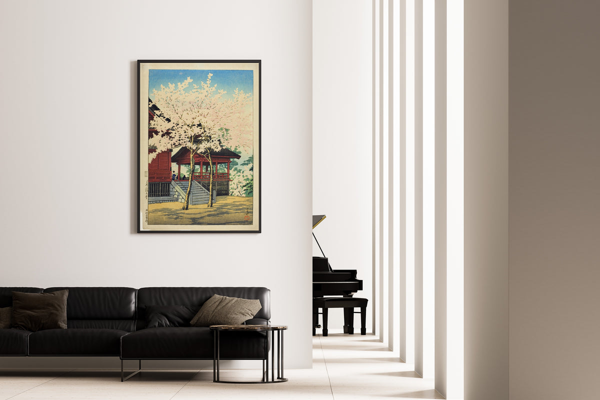 Framed art print of Kiyomizu Hall, Ueno by Kawase Hasui, on the wall of a minimal living room