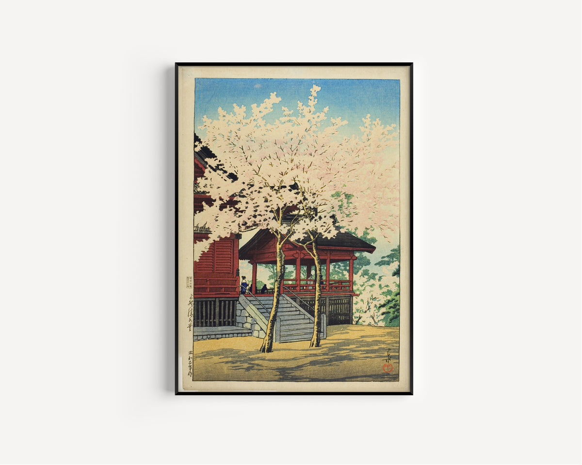 Framed art print of Kiyomizu Hall, Ueno by Kawase Hasui, in a slim black frame on a plain white wall