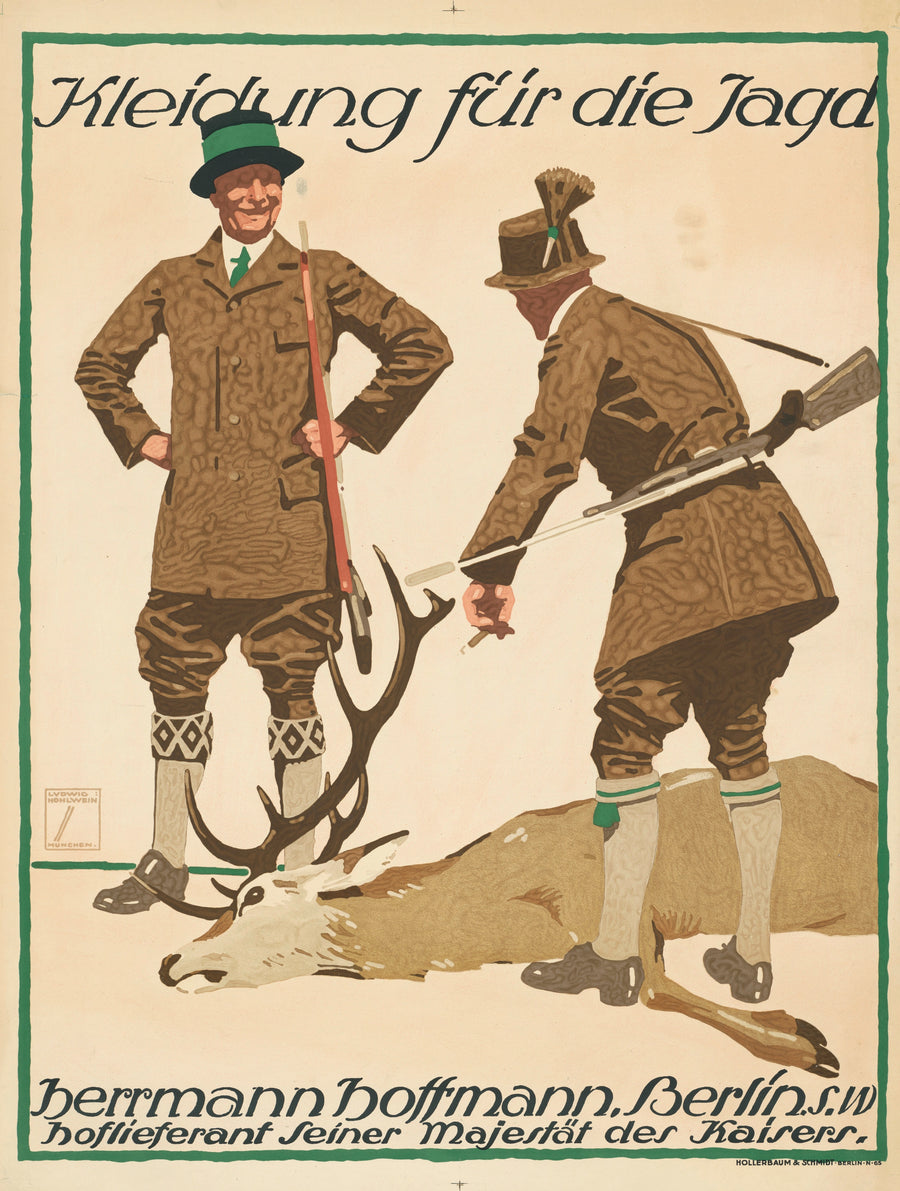 Ludwig Hohlwein — Kleidung für die Jagd: Herrmann Hoffmann, Berlin | Vintage Poster Print shown to scale on a wall above a sofa