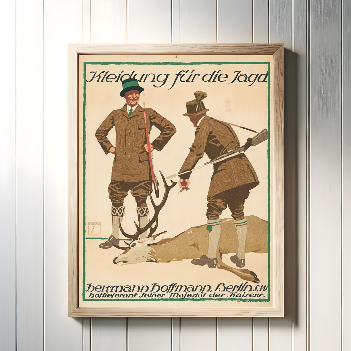 Framed art print of Kleidung für die Jagd: Herrmann Hoffmann, Berlin by Ludwig Hohlwein, in a light wood frame on a white panelled wall