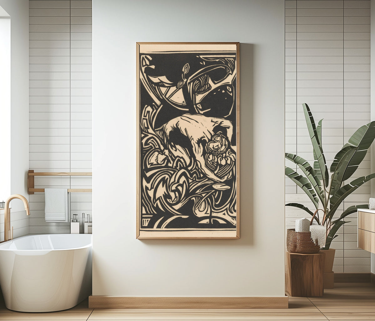 Johannes Josephus Aarts — Knielende figuur tussen planten [Kneeling figure among plants] | Art Nouveau Woodcut Print