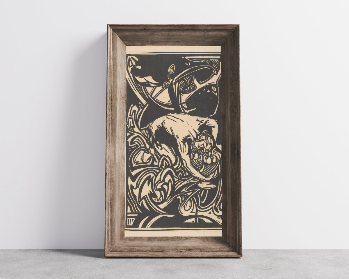 Johannes Josephus Aarts — Knielende figuur tussen planten [Kneeling figure among plants] | Art Nouveau Woodcut Print