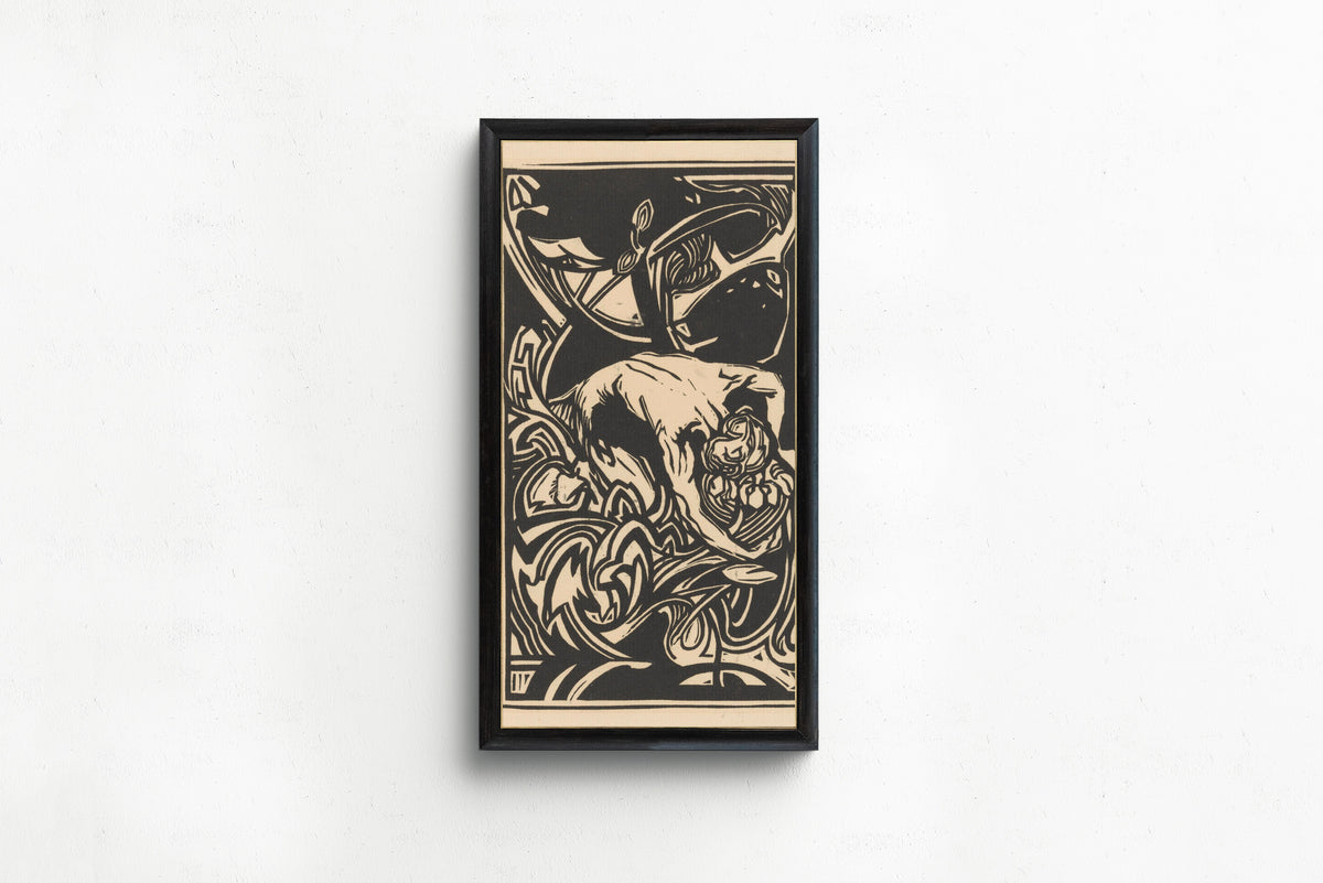 Johannes Josephus Aarts — Knielende figuur tussen planten [Kneeling figure among plants] | Art Nouveau Woodcut Print