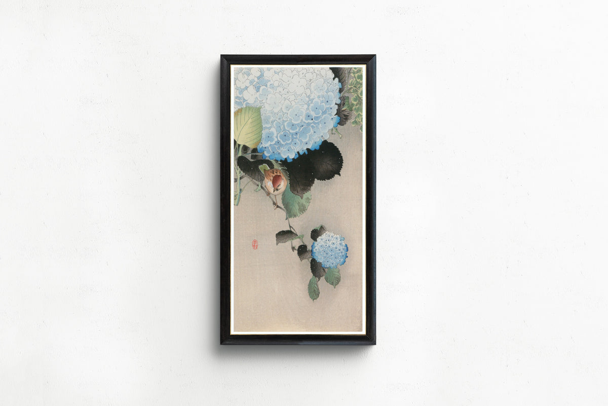 Ohara Koson — Hydrangea and Sparrow | Japanese Bird & Flower Woodblock Print