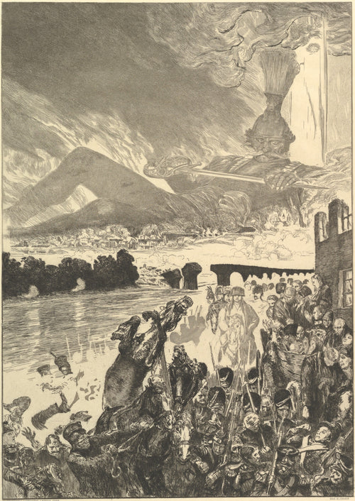 Krieg by Max Klinger — A giant soldier sprawls over burning hills as troops crush a crowd