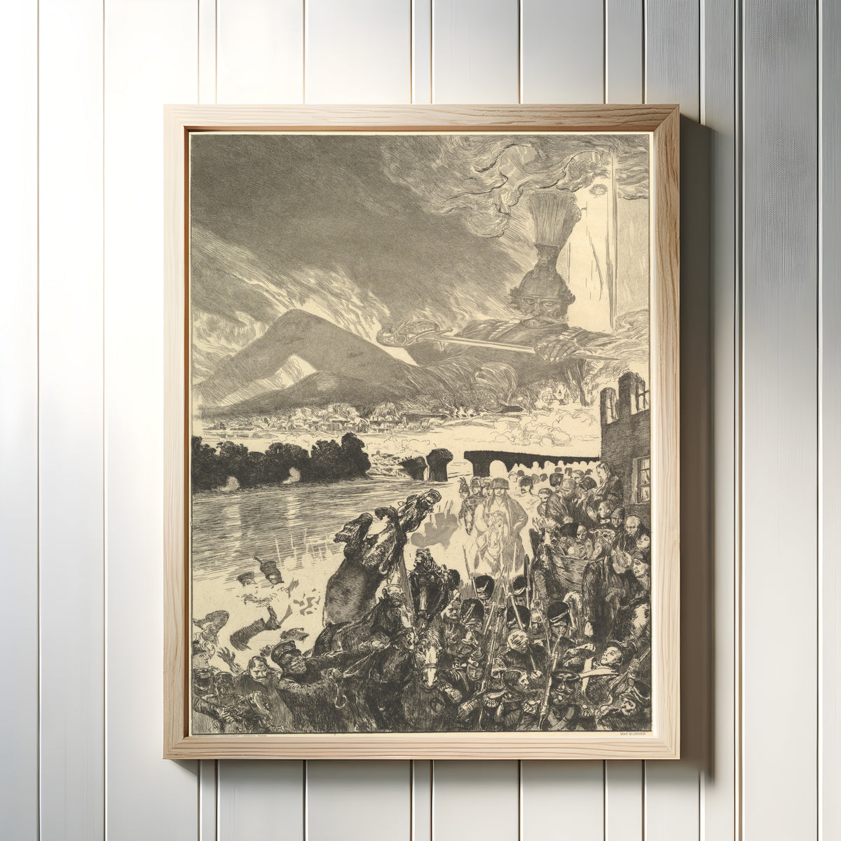 Framed art print of Krieg by Max Klinger, in a light wood frame on a white panelled wall