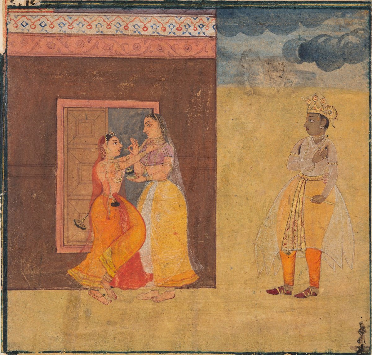 Krishna Abhisarika Nayika, from a Rasikapriya manuscript by Amber school — Two women adorn each other at a window as a crowned man waits apart