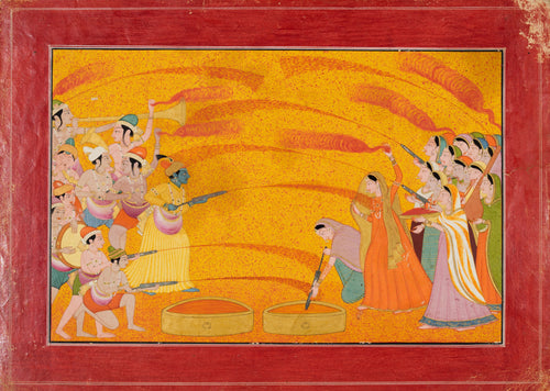 Pahari school — Krishna Celebrates Holi | Indian Miniature Painting Print