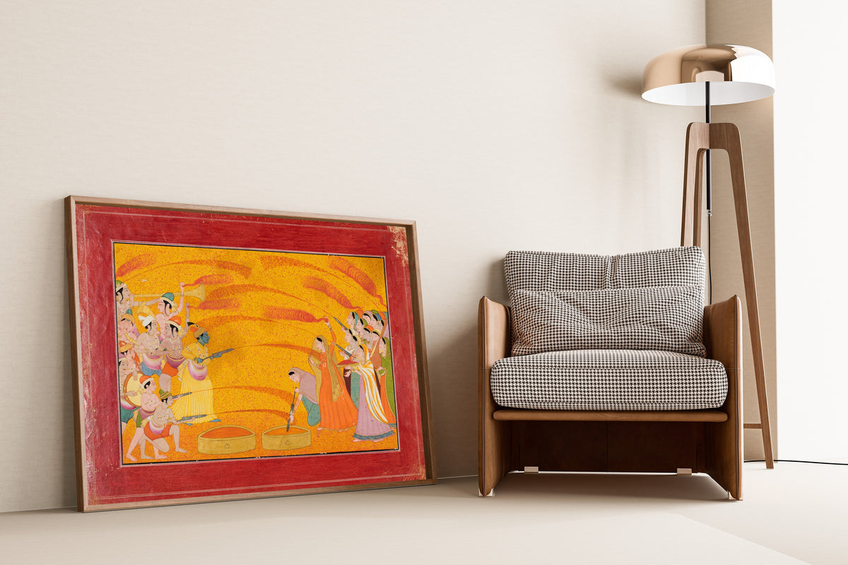 Pahari school — Krishna Celebrates Holi | Indian Miniature Painting Print