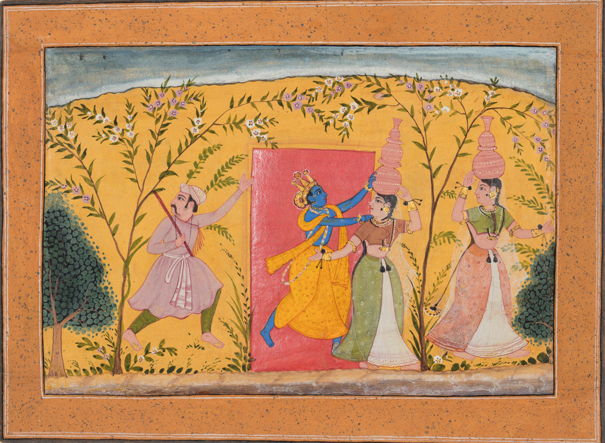 Krishna Exacts a Toll from the Milkmaids by Bikaner school — Krishna stops a milkmaid carrying pots on her head