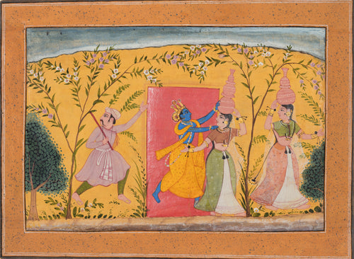 Krishna Exacts a Toll from the Milkmaids by Bikaner school — Krishna stops a milkmaid carrying pots on her head