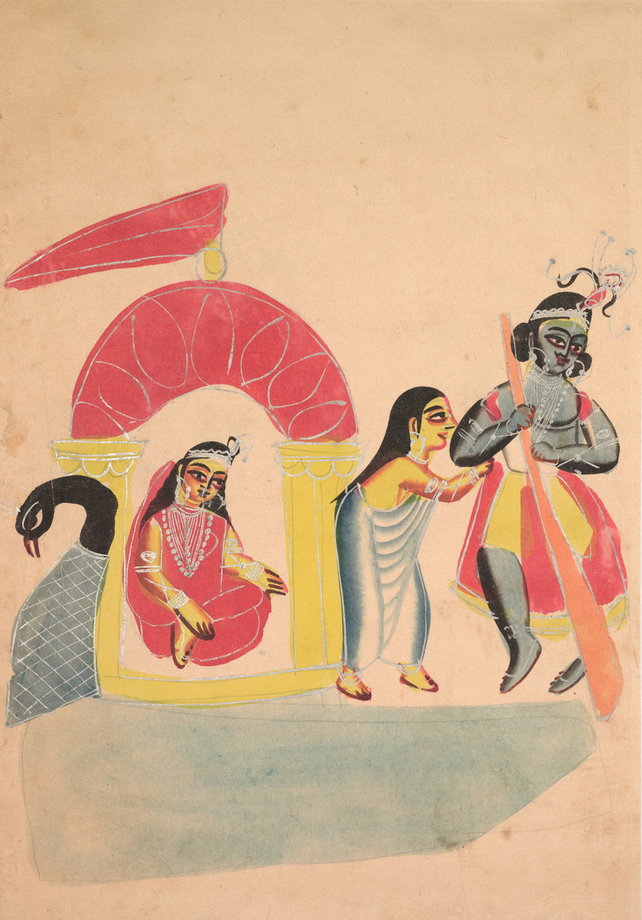 Kalighat painter — Krishna Ferrying Radha Across the Yamuna River | Kalighat Painting Print shown to scale on a wall above a sofa
