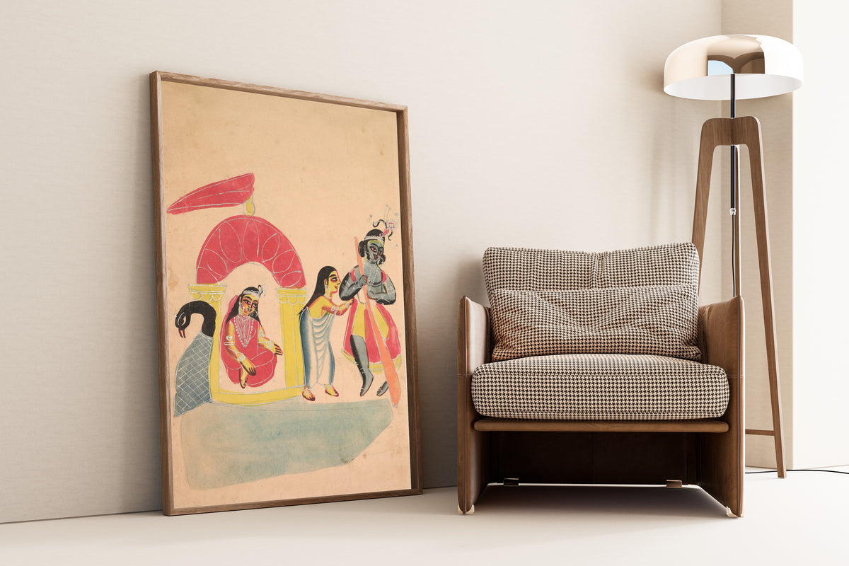 Framed art print of Krishna Ferrying Radha Across the Yamuna River by Kalighat painter, leaning against a wall beside an armchair and a floor lamp