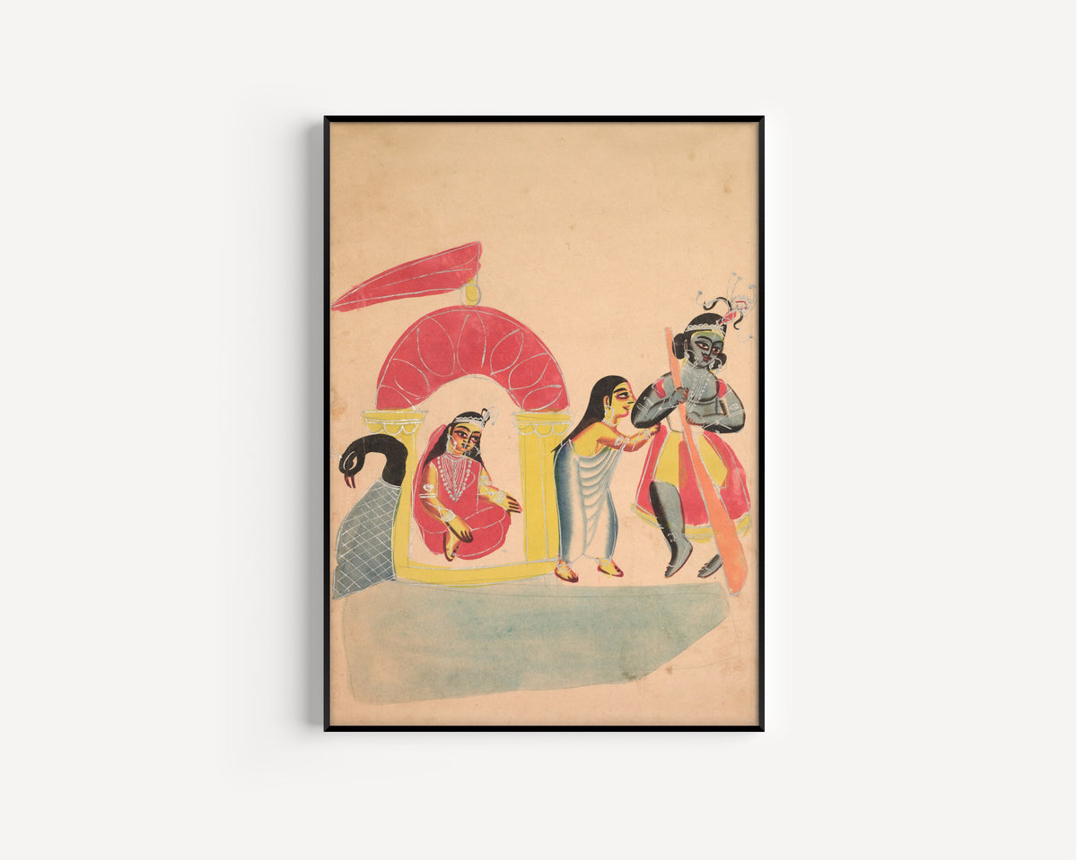 Framed art print of Krishna Ferrying Radha Across the Yamuna River by Kalighat painter, in a slim black frame on a plain white wall