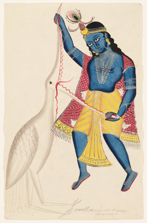 Krishna Killing Bakasura by Kalighat painter — Blue-skinned Krishna grips the long beak of a towering white bird