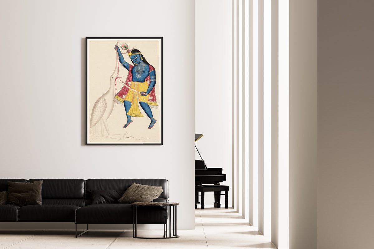 Framed art print of Krishna Killing Bakasura by Kalighat painter, on the wall of a minimal living room