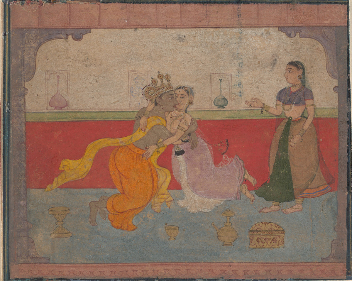 Krishna Kisses Radha: Page from the Boston Rasikapriya (Lover's Breviary) by Amber school — A crowned dark-skinned lover kisses a woman as a companion looks on