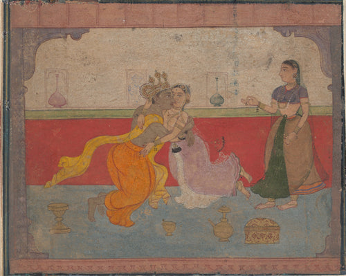 Krishna Kisses Radha: Page from the Boston Rasikapriya (Lover's Breviary) by Amber school — A crowned dark-skinned lover kisses a woman as a companion looks on