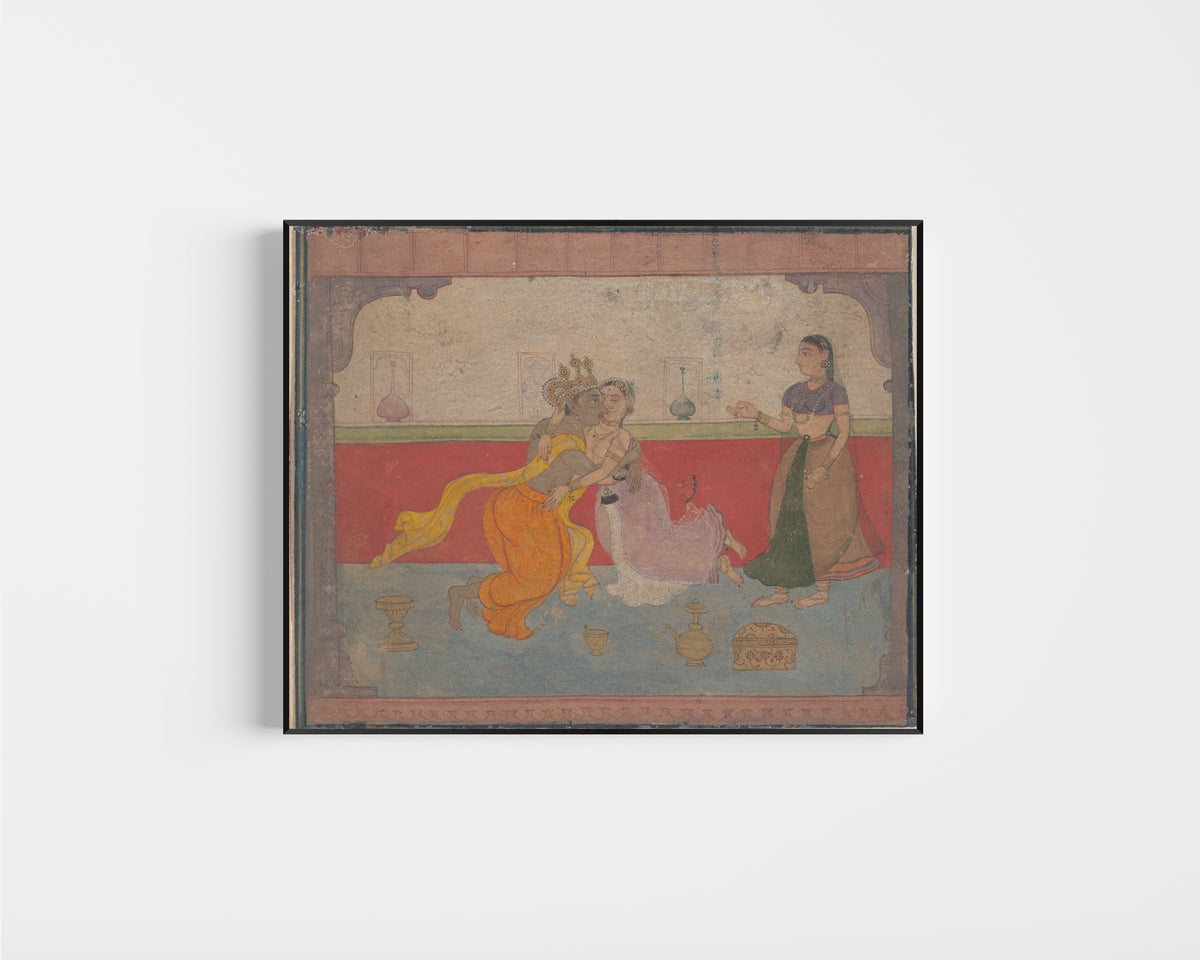 Framed art print of Krishna Kisses Radha: Page from the Boston Rasikapriya (Lover's Breviary) by Amber school, in a slim black frame on a plain white wall