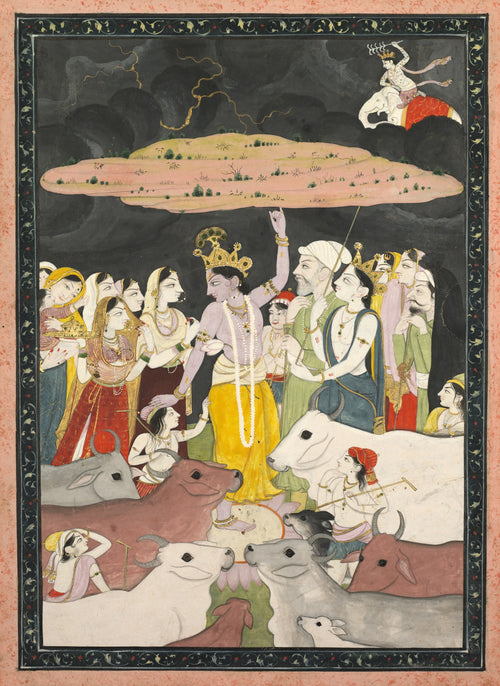 Kangra school — Krishna Lifting Mount Govardhan | Indian Miniature Painting Print