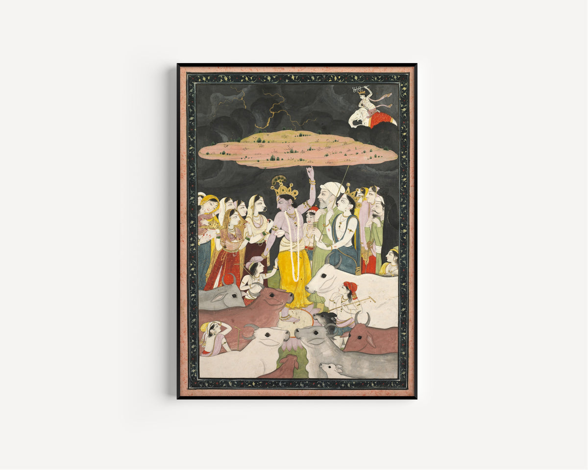 Kangra school — Krishna Lifting Mount Govardhan | Indian Miniature Painting Print