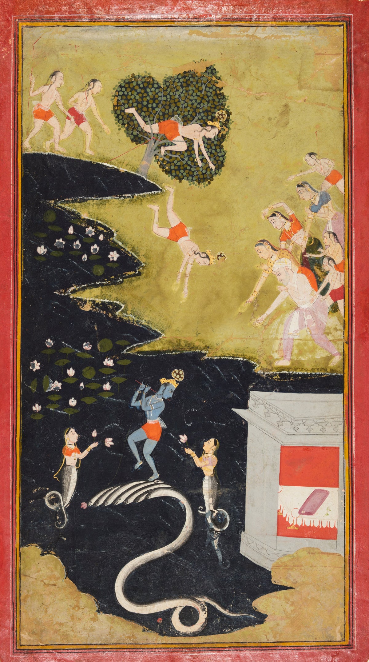 Krishna Quells the Serpent Kaliya by Mewar school — Krishna dances on the serpent Kaliya as figures tumble above