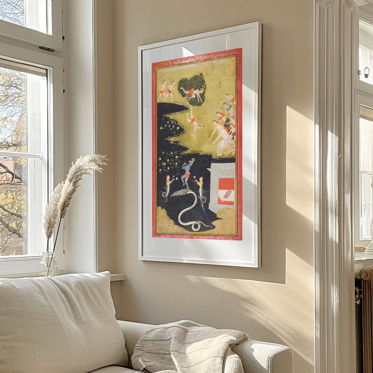 Framed art print of Krishna Quells the Serpent Kaliya by Mewar school, in a sunlit living room above a sofa