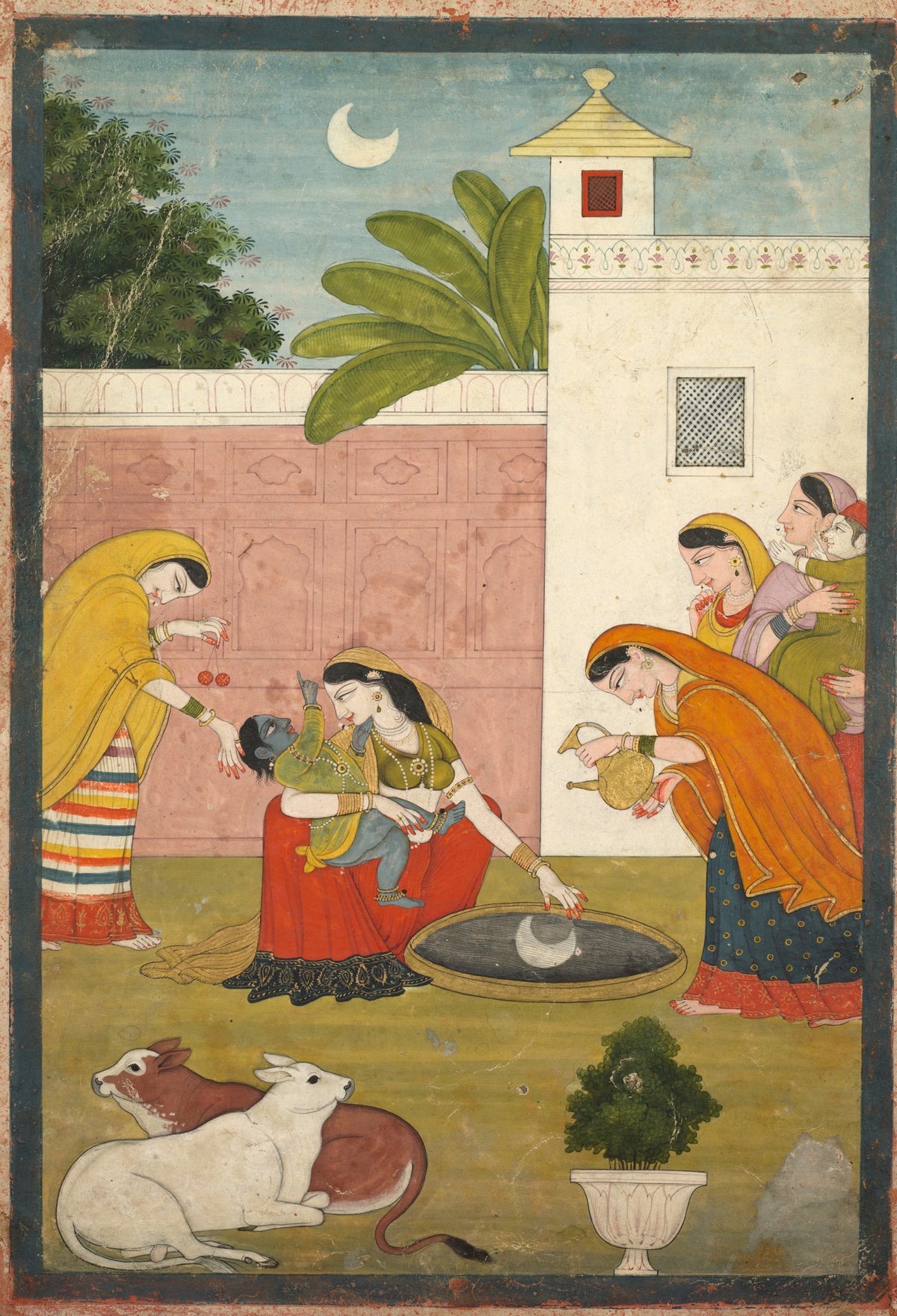 Krishna Reaching for the Moon by Pahari school — A woman holds a blue child as a crescent moon shines in a basin