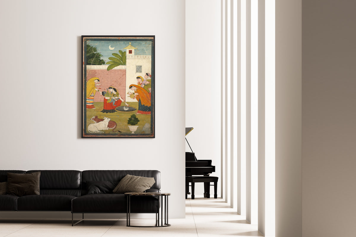 Framed art print of Krishna Reaching for the Moon by Pahari school, on the wall of a minimal living room