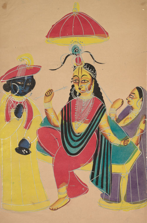 Krishna Standing by Radha who is Seated on a Chair by Kalighat painter — Radha enthroned under a red parasol beside a blue Krishna