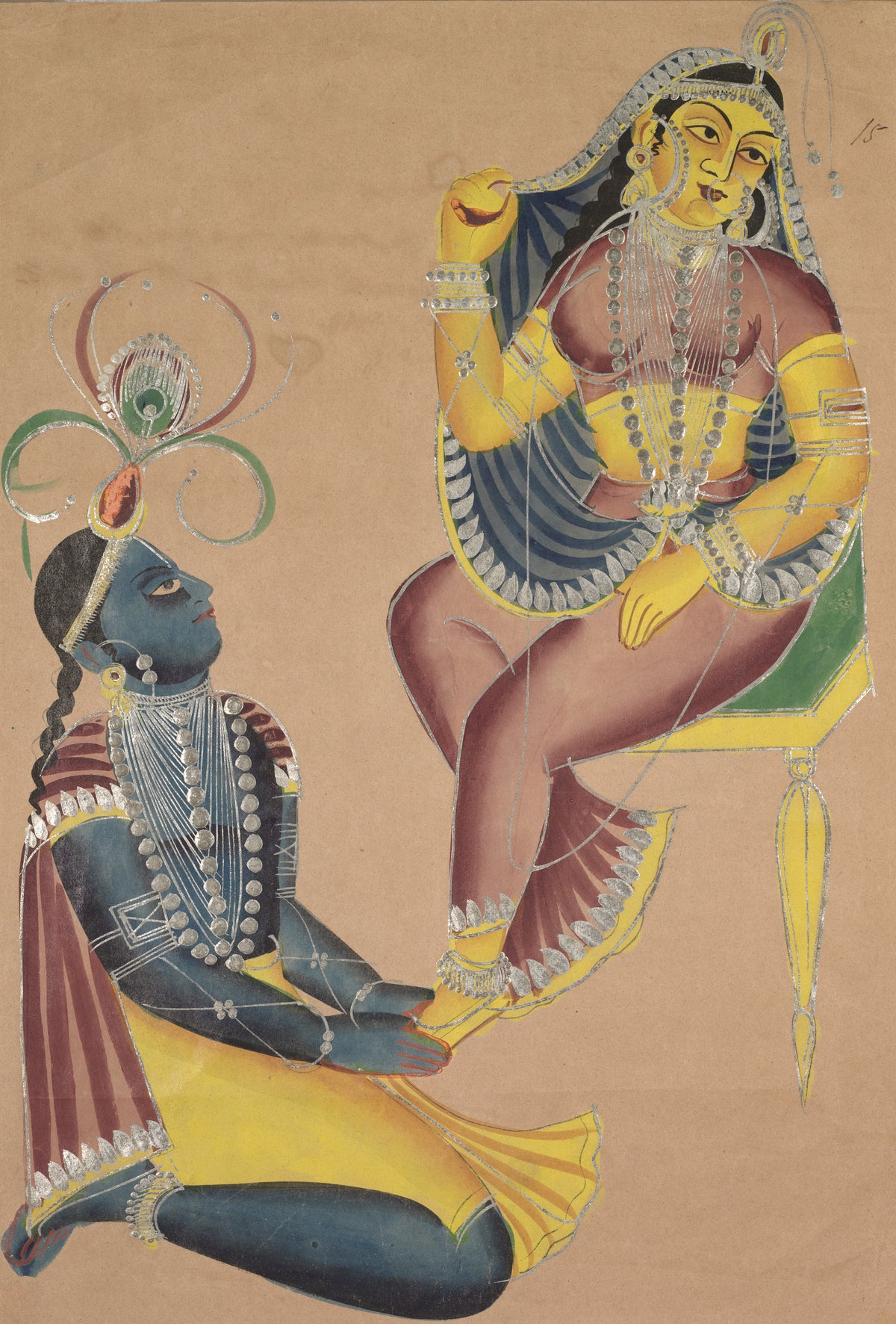 Krishna Stroking Radha's Feet by Kalighat painter — Blue-skinned Krishna kneels to hold Radha's foot as she sits above him