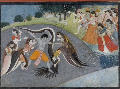 Krishna Subduing Kaliya, the Snake Demon: Folio from a Bhagavata Purana Series by Garhwal school — Krishna dances on Kaliya's coils as a crowd watches