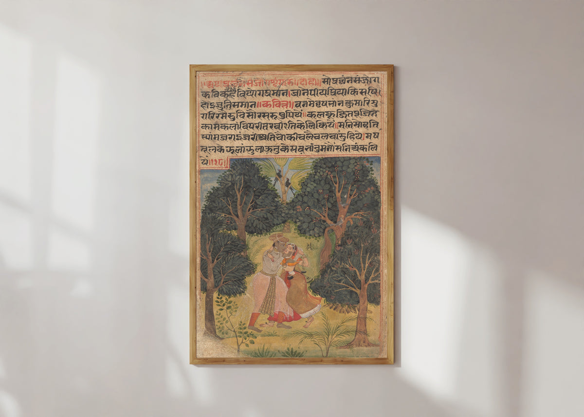 Framed art print of Krishna Woos Radha: Page from the Dispersed "Boston" Rasikapriya (Lover's… by Amber school, in a light wood frame on a sunlit white wall
