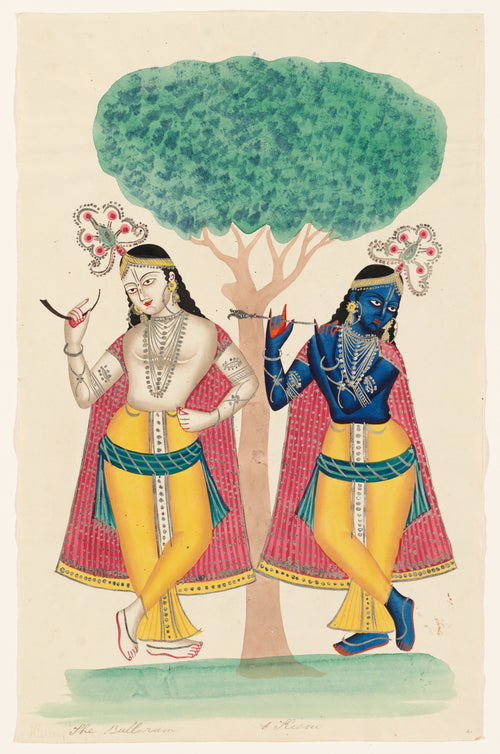 Krishna and Balarama underneath a Tree by Kalighat painter — Two brothers, one white-skinned and one blue, pose beneath a tree