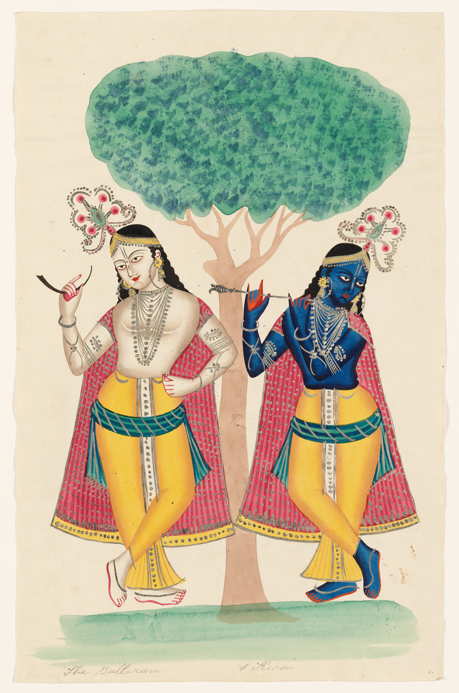 Kalighat painter — Krishna and Balarama underneath a Tree | Kalighat Painting Print shown to scale on a wall above a sofa