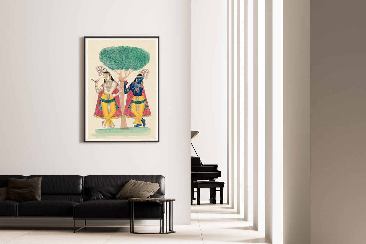Framed art print of Krishna and Balarama underneath a Tree by Kalighat painter, on the wall of a minimal living room