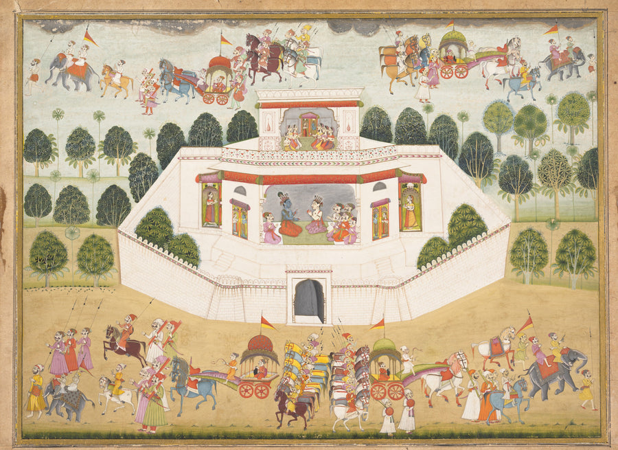 Bikaner school — Krishna and Balarama within a Walled Palace | Indian Miniature Painting Print shown to scale on a wall above a sofa