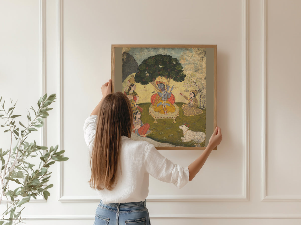 Jaipur school — Krishna and Gopis | Indian Miniature Painting Print