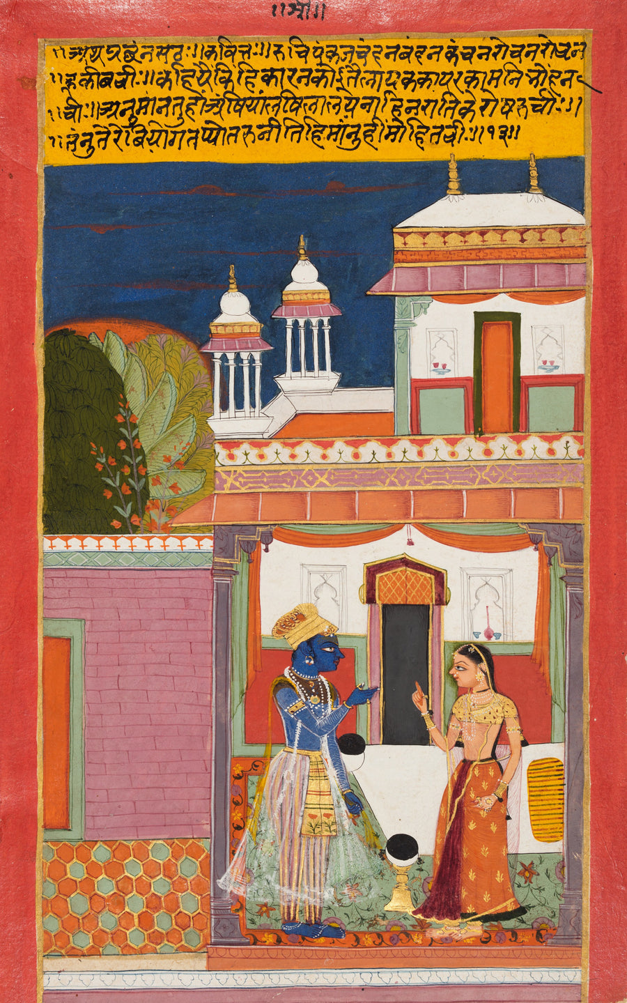 Bundi school — Krishna and Radha Quarreling: Shatha Nayaka, from a Rasikapriya | Indian Miniature Painting Print shown to scale on a wall above a sofa