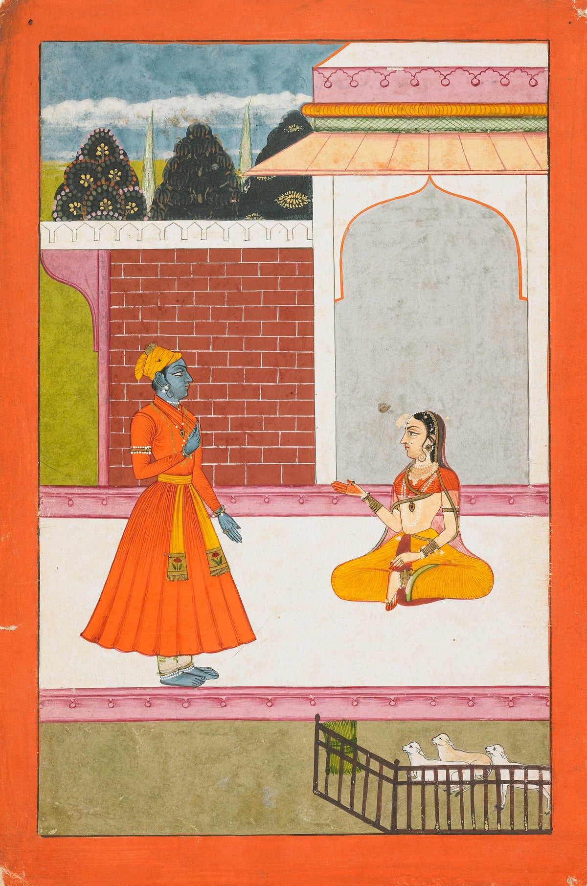 Krishna and Radha by Bikaner school — Krishna and Radha talk across a white terrace