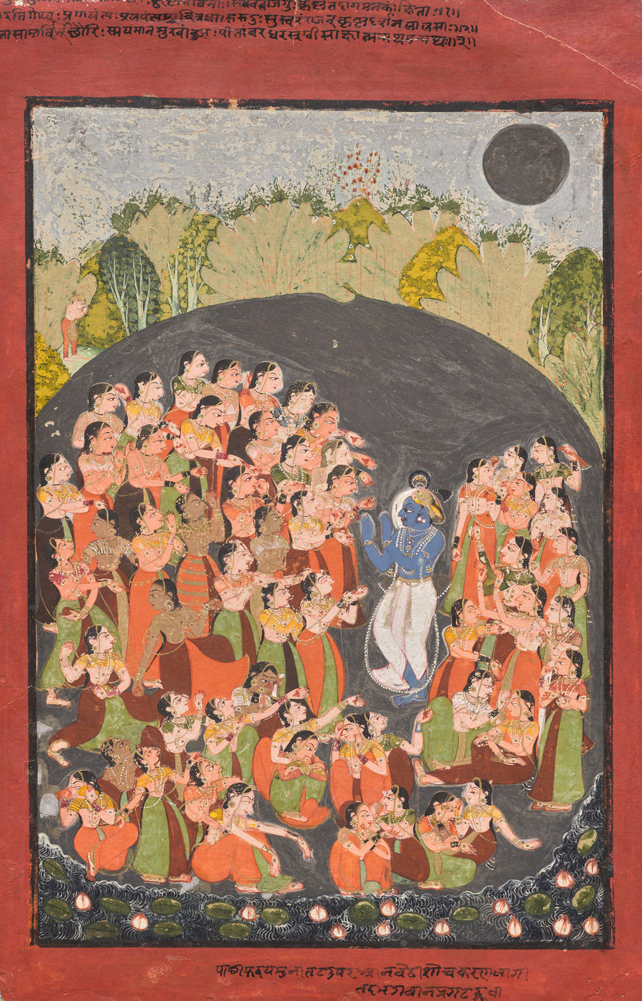 Kota school — Krishna and the Gopis Gather for Rasamandala | Indian Miniature Painting Print shown to scale on a wall above a sofa